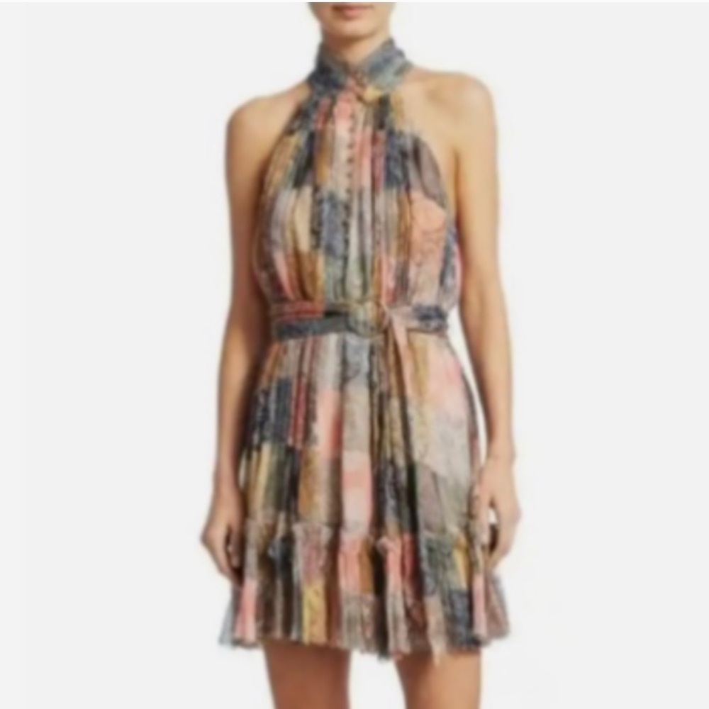 Zimmermann Ninety Six Patchwork Fit & Flare Silk Smock Halter Dress | 2
